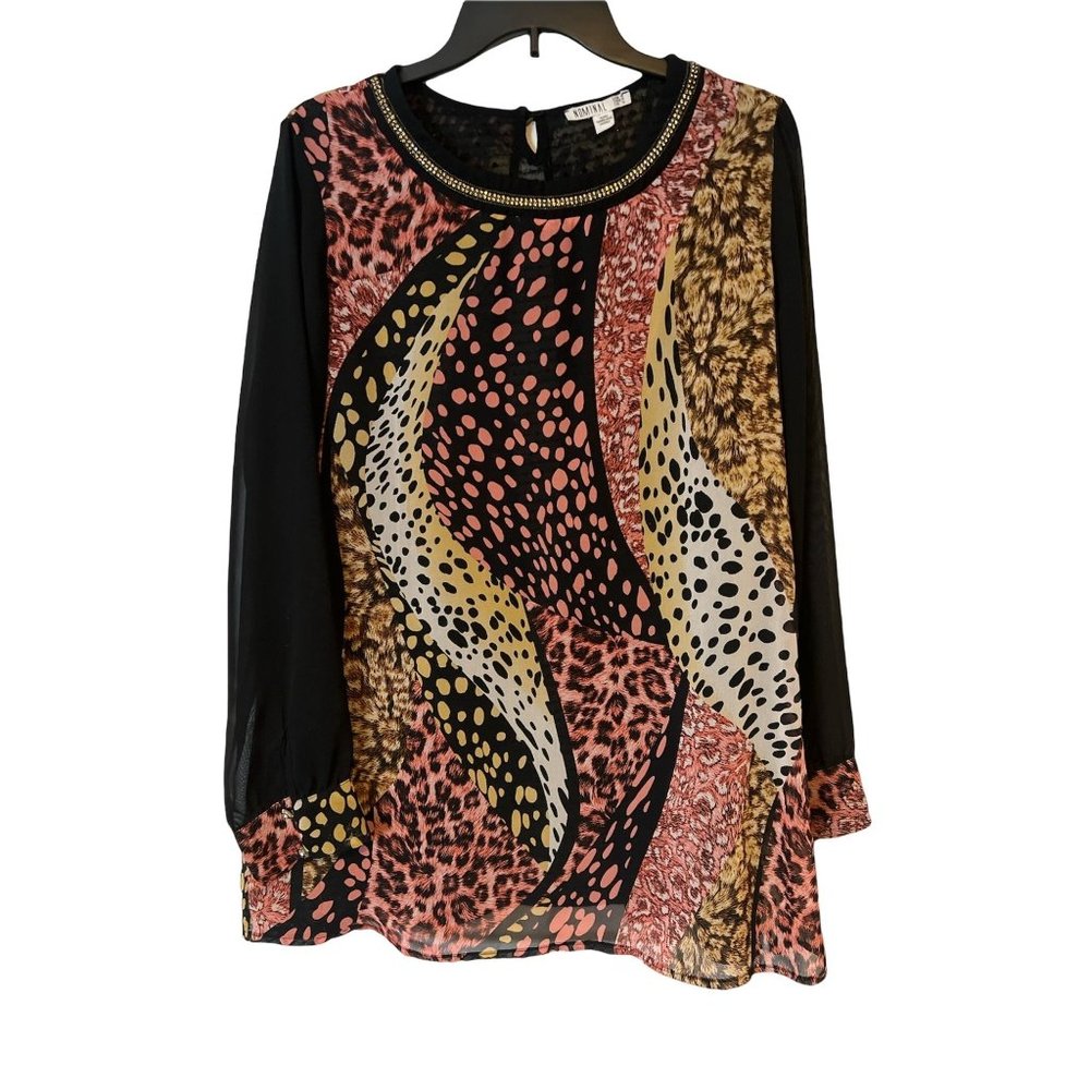 Nominal Blouse Womens 14 Geometric Animal Print Sheer Lace Back Gems Flowy